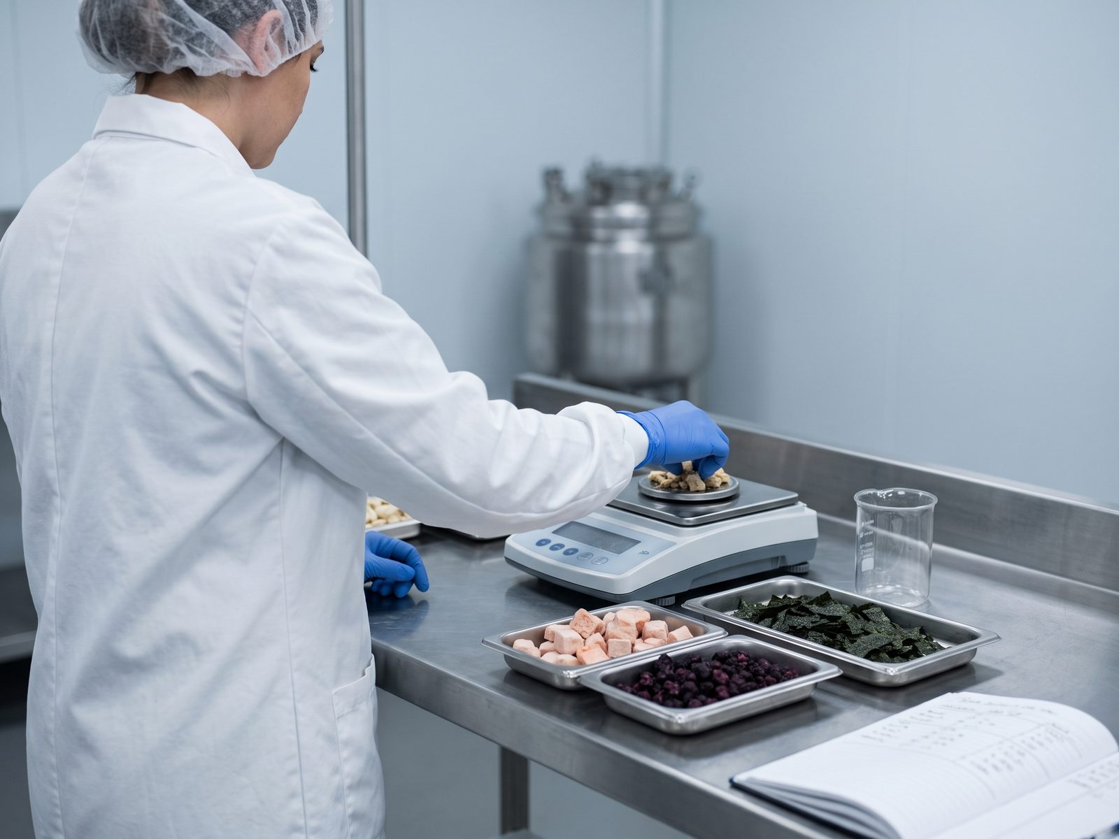 Ingeniera en alimentos de Lyo Patagonia formulando con ingredientes Freeze Dried en bandejas de acero