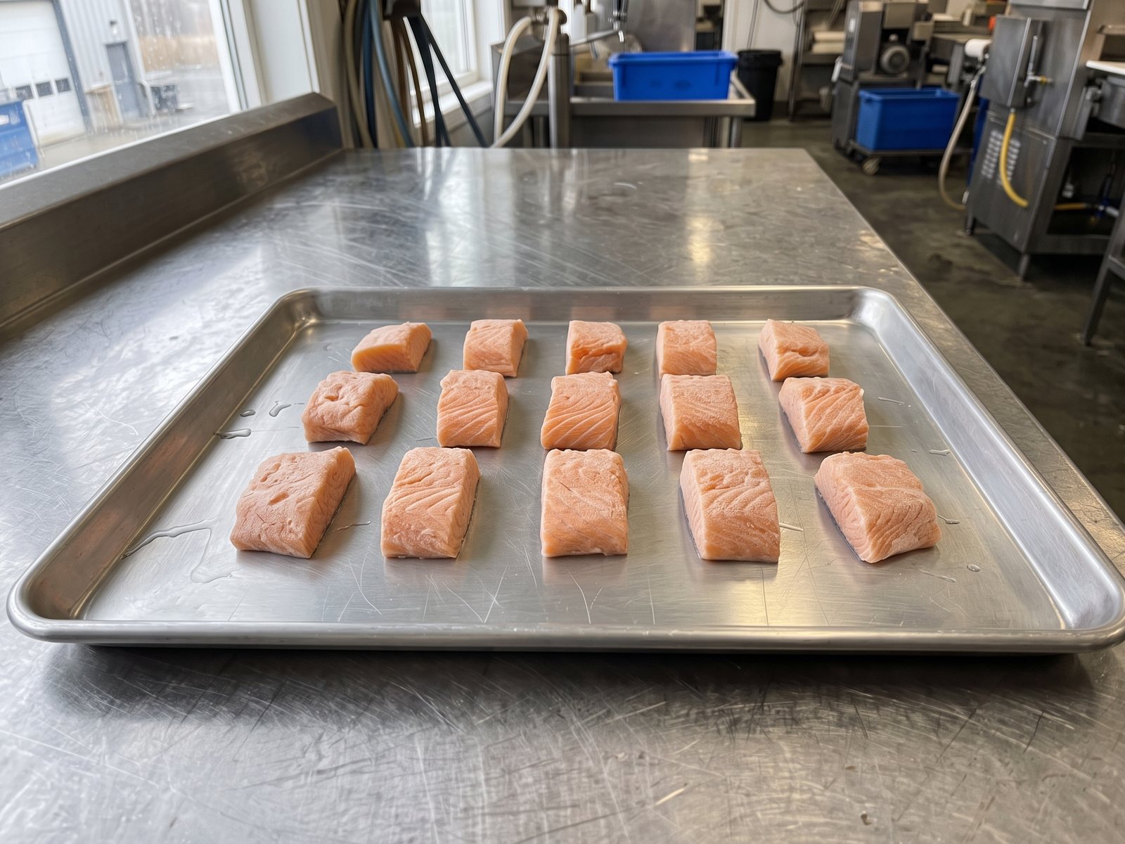 Los mismos cubos de salmón en Freeze Dried (FD): misma forma, casi igual por fuera, sin agua por dentro
