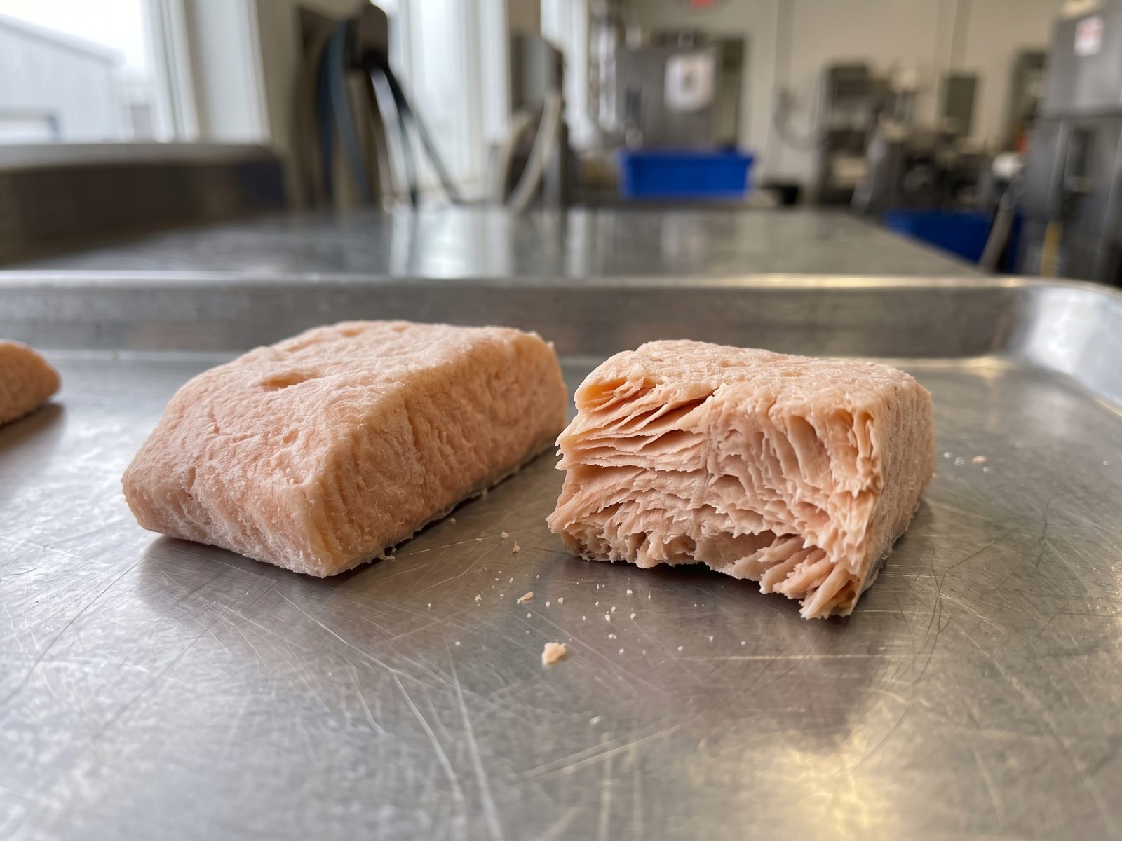 Trozo de salmón Freeze Dried partido: por dentro conserva las láminas del músculo, sin agua